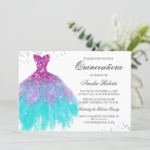 Pink Teal Sparkle Dress Quinceanera Invitation (Standing Front)