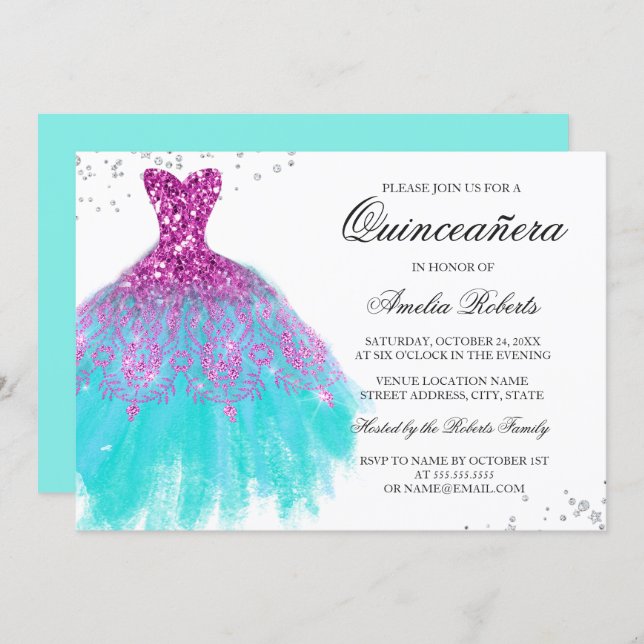 Pink Teal Sparkle Dress Quinceanera Invitation (Front/Back)