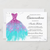 Pink Teal Sparkle Dress Quinceanera Invitation (Front)