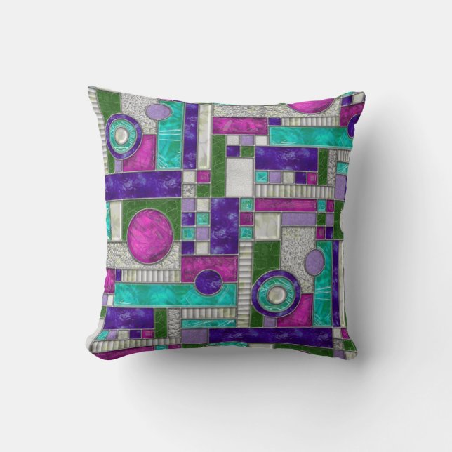 Pink Teal Stained Glass Throw Pillow (Front)