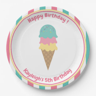 Pink Teal Stripes Ice Cream Kid's Party Paper Plates