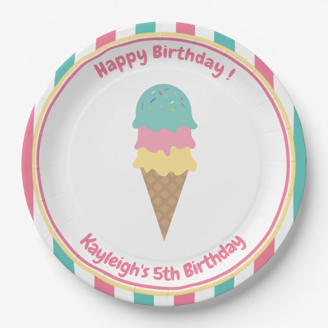 Pink Teal Stripes Ice Cream Kid's Party Paper Plates (Front)