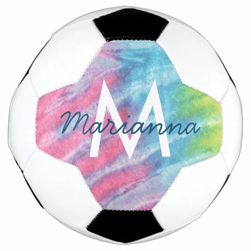 Pink Teal Tie Dye Name and Initial Personalized Soccer Ball