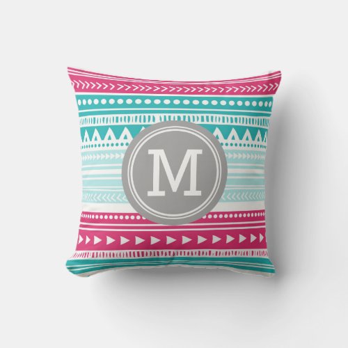 Pink Teal Tribal Monogram Decorative Pillow