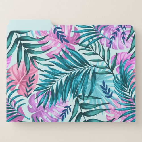 Pink  Teal Tropical Palm  Monstera Leaves File Folder