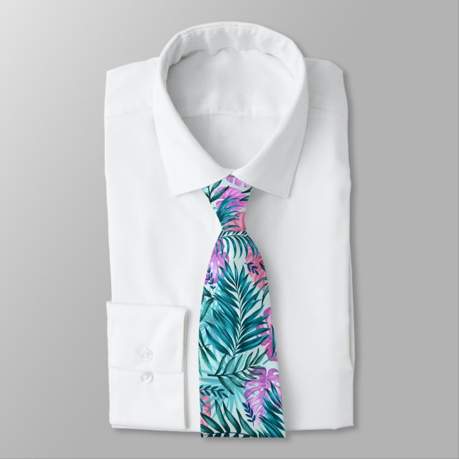 Pink & Teal Tropical Palm & Monstera Leaves Neck Tie (Tied)