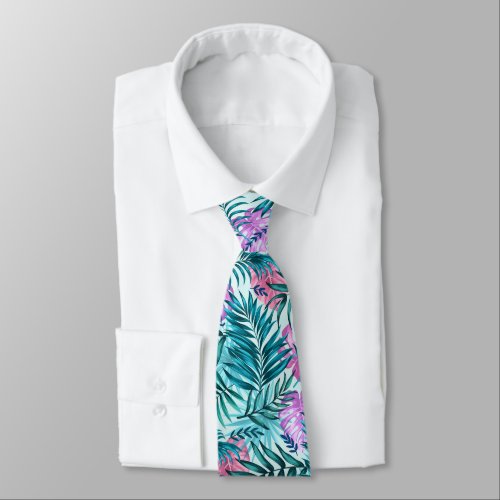 Pink  Teal Tropical Palm  Monstera Leaves Neck Tie
