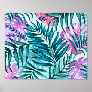 Pink & Teal Tropical Palm & Monstera Leaves Poster