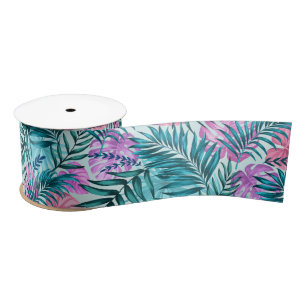 Pink & Teal Tropical Palm & Monstera Leaves Satin Ribbon