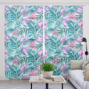 Pink & Teal Tropical Palm & Monstera Leaves Sheer Curtains