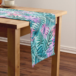 Pink & Teal Tropical Palm & Monstera Leaves Short Table Runner