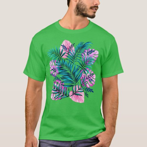 Pink Teal Tropical Palm Monstera Leaves T_Shirt