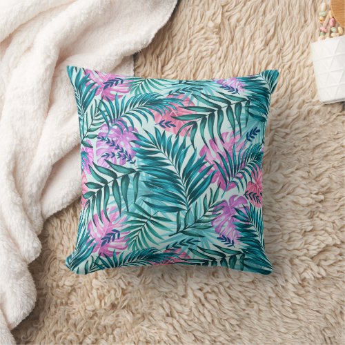 Pink  Teal Tropical Palm  Monstera Leaves Throw Pillow