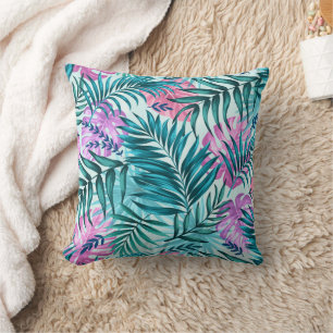 Pink & Teal Tropical Palm & Monstera Leaves Throw Pillow