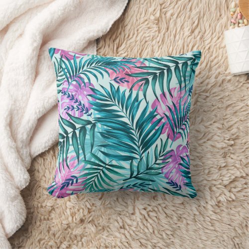 Pink  Teal Tropical Palm  Monstera Leaves Throw Pillow