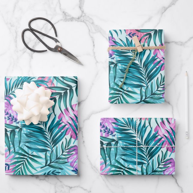 Pink & Teal Tropical Palm & Monstera Leaves Wrapping Paper Sheets (Front)