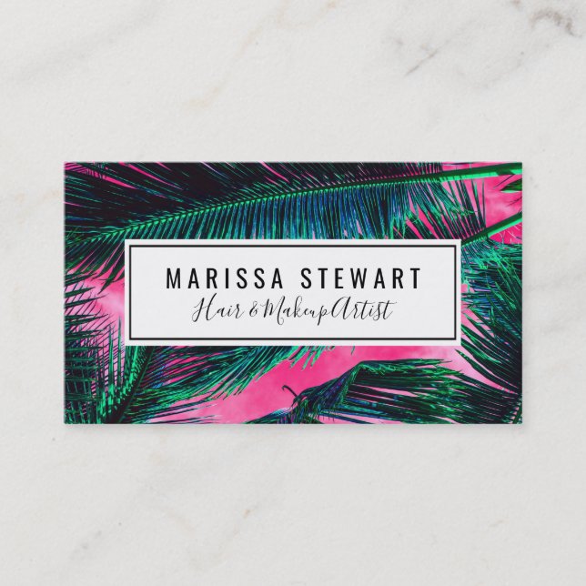Pink Teal Tropical Summer Palm Tree Fronds Business Card (Front)