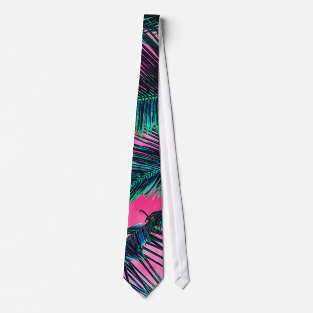Pink Teal Tropical Summer Palm Tree Fronds Neck Tie (Front)