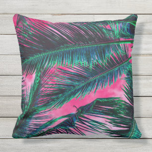 Pink Teal Tropical Summer Palm Tree Fronds Outdoor Pillow