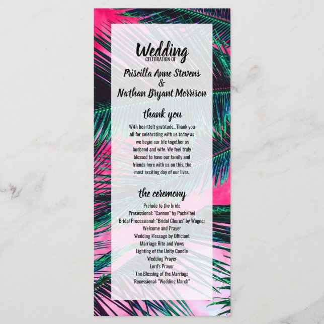 Pink Teal Tropical Summer Palm Tree Fronds Program (Front)