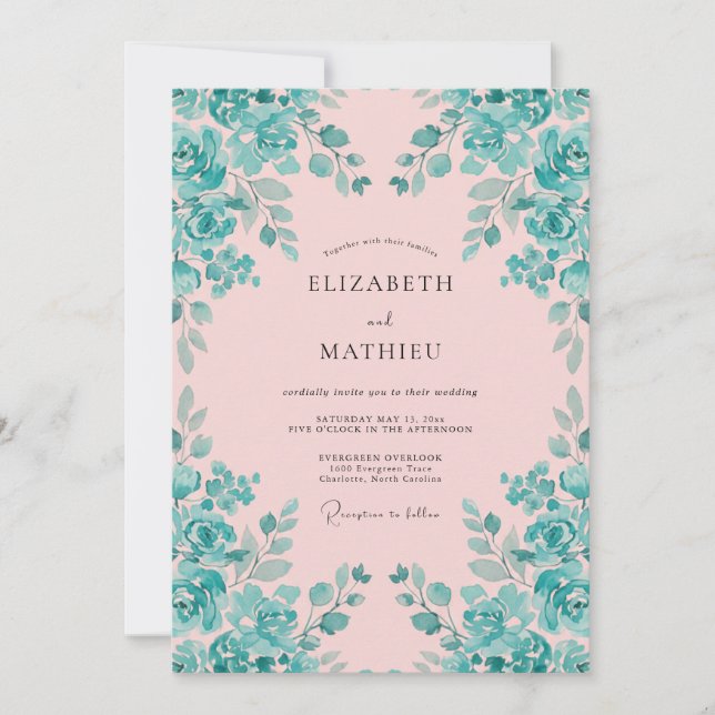 Pink Teal Vibrant Watercolor Wedding Invitation (Front)