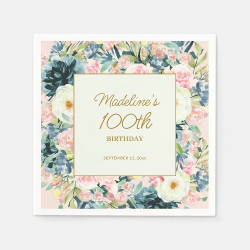 Pink Teal Vintage Floral Botanical 100th Birthday  Napkins