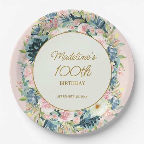 Pink Teal Vintage Floral Botanical 100th Birthday  Paper Plates