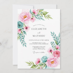 Pink Teal Vivid Watercolor Wedding Invitation