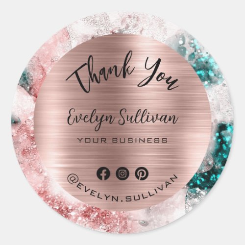 Pink Teal Watercolor Elegant Thank You Classic Round Sticker