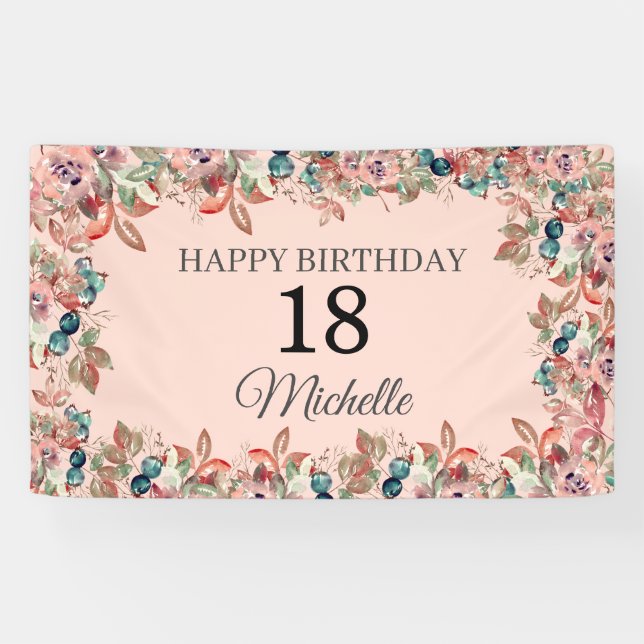 Pink Teal Watercolor Floral 18th Birthday Banner (Horizontal)