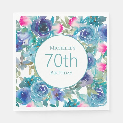 Pink Teal Watercolor Floral 70th Birthday Napkins