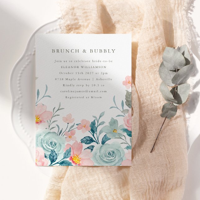 Pink Teal Watercolor Floral Bridal Shower Brunch  Invitation (Creator Uploaded)