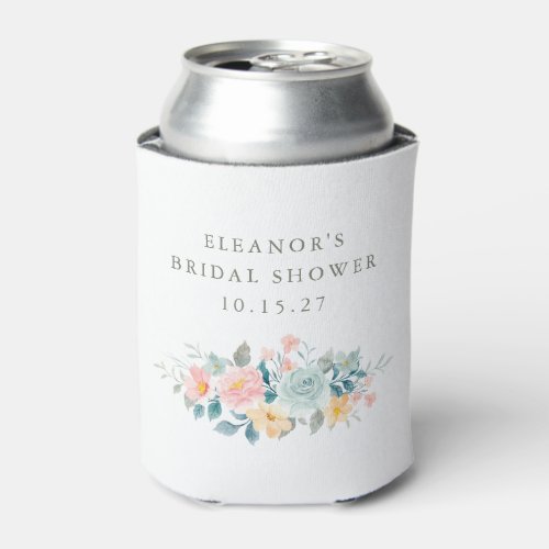 Pink Teal Watercolor Floral Bridal Shower Custom  Can Cooler