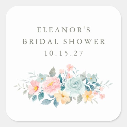 Pink Teal Watercolor Floral Bridal Shower Custom  Square Sticker