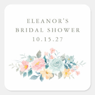 Pink Teal Watercolor Floral Bridal Shower Custom  Square Sticker