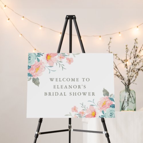 Pink Teal Watercolor Floral Bridal Shower Welcome Foam Board