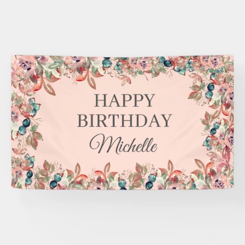 Pink Teal Watercolor Floral Happy Birthday  Banner