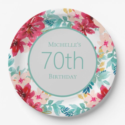 Pink Teal Watercolor Floral Leaves 70th Birthday Paper Plates