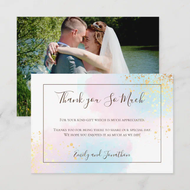 Pink Teal Watercolor Gold Confetti Photo Wedding Thank You Card | Zazzle