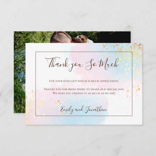 Pink Teal Watercolor Gold Confetti Photo Wedding Thank You Card