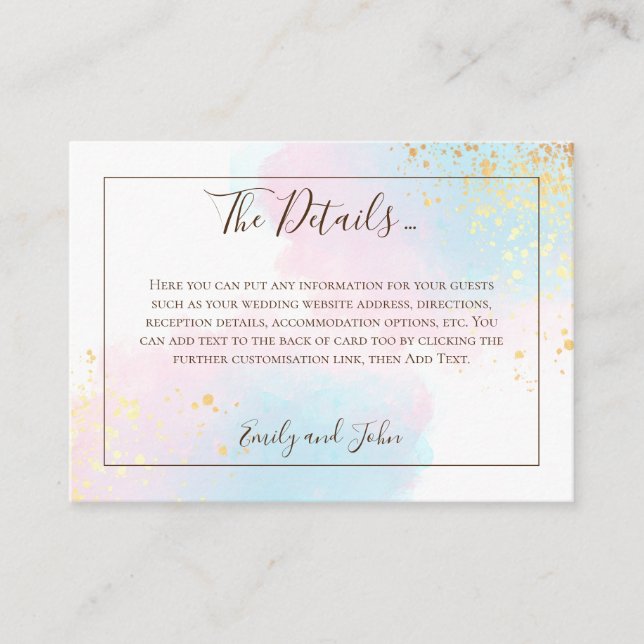Pink Teal Watercolor Gold Confetti Wedding Details Enclosure Card (Front)