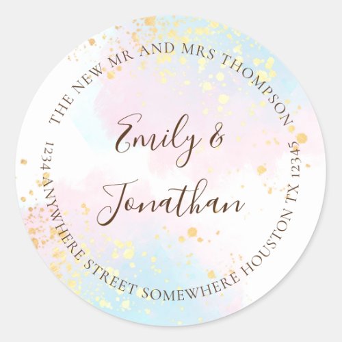 Pink Teal Watercolor Gold Name Address Wedding Classic Round Sticker