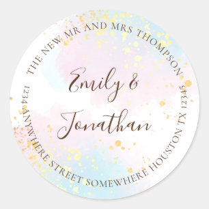Pink Teal Watercolor Gold Name Address Wedding Classic Round Sticker