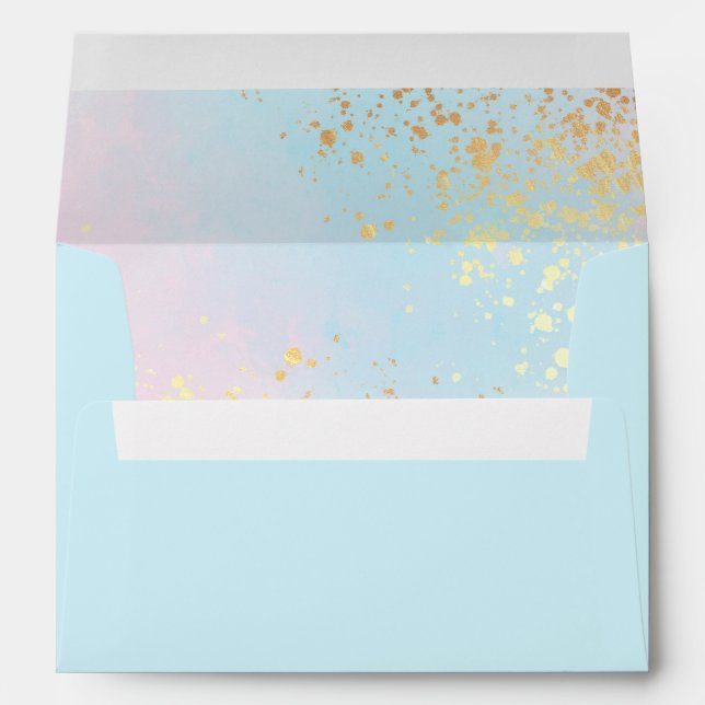 Pink Teal Watercolor Gold Name Address Wedding Envelope (Back (Bottom))
