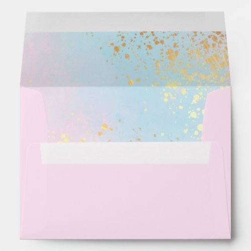 Pink Teal Watercolor Gold Name Address Wedding Envelope