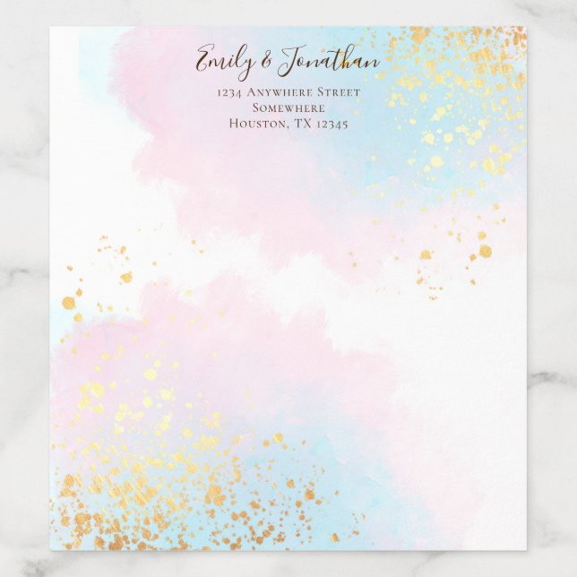 Pink Teal Watercolor Gold Name Address Wedding Envelope Liner (Design)