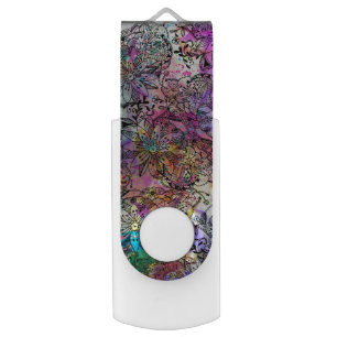 Pink teal watercolor hand painted tangle floral flash drive