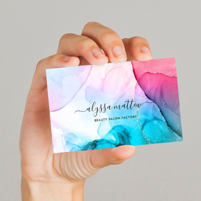 Pink Teal Watercolor Ink Glitter Modern Elegant Business Card (Creator Uploaded)