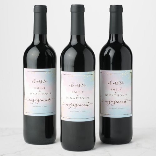 Pink Teal Watercolor Names Cheers Engagement  Wine Label