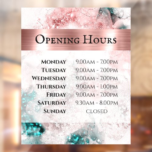 Pink Teal Watercolor Opening Hours Window Cling